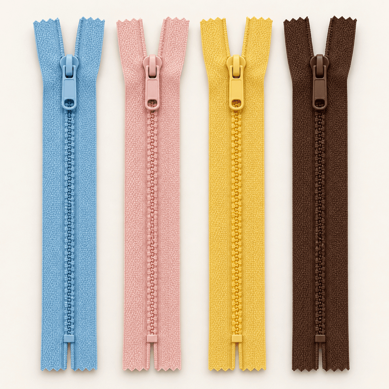 Zíperes de nylon em azul, rosa, amarelo e marrom